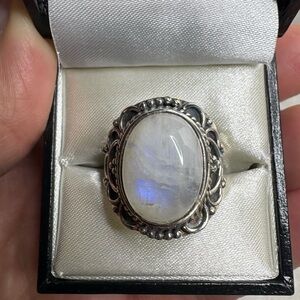Ring Moonstone Silver Statement Blue Flash Vintage Inspired Cabochon